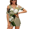 thumbnail image 1 of Vintage White Magnolia Pattern on Khaki Background Womens Summer V Neck Zipper Top Short Sleeve T Shirt Off Shoulder Top Casual Classy Loose Shirts, 1 of 7