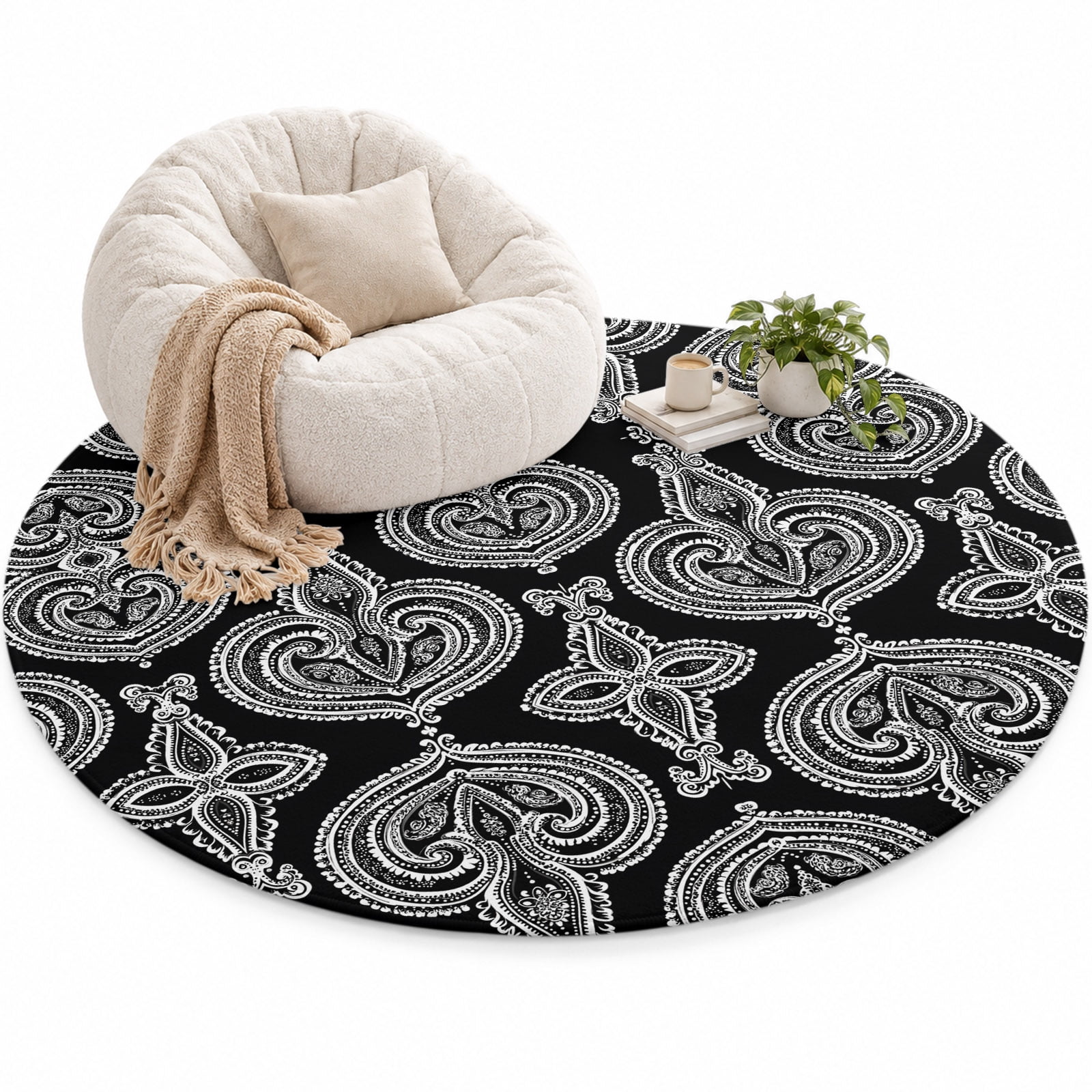 Vintage White Paisley Area Rug 6', Abstract Flower Soft Mat Non-Slip ...