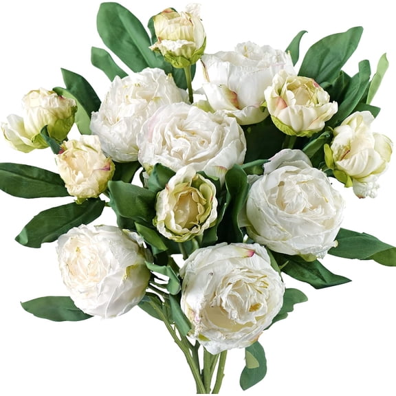 Vintage White Peonies Realistic Artificial Silk Flowers with Dry-Look Petals, 6 Stems for Rustic Home & Wedding Bridesmaids Bouquet Bridal Showers