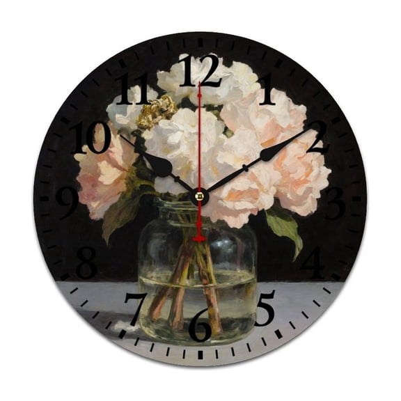 Vintage White Peony In Vase 12 Inch Round Wall Clock, Timeless Decor for Kitchen & Bedroom