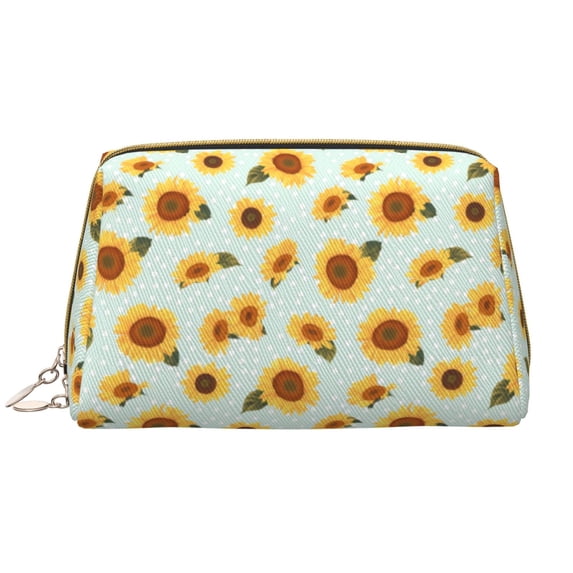 Vintage White Polka Dot Sunflower Makeup Bag, Large Capacity Travel Cosmetic Bag for Women Girls- Travel Toiletry Bag Leather Portable Waterproof Makeup Case Organizer with Handle