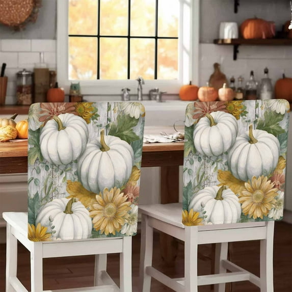 Vintage White Pumpkin Chair Covers Set of 8 Daisy Leaf Chair Back Covers Stretch Removable Washable Slipcovers Protector for Dining Room Kitchen Party Decor
