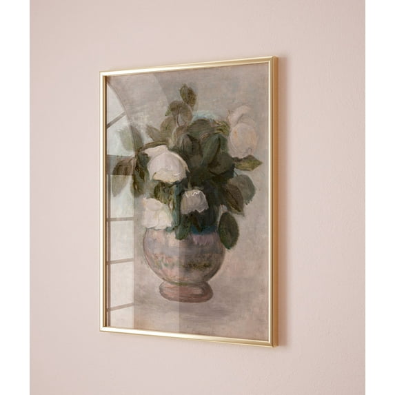 Vintage White Roses, Vintage Still Life , Trendy Antique Roses Artwork, Flower Vase Poster Wall Art Home Decor, 12x18 UNFRAMED