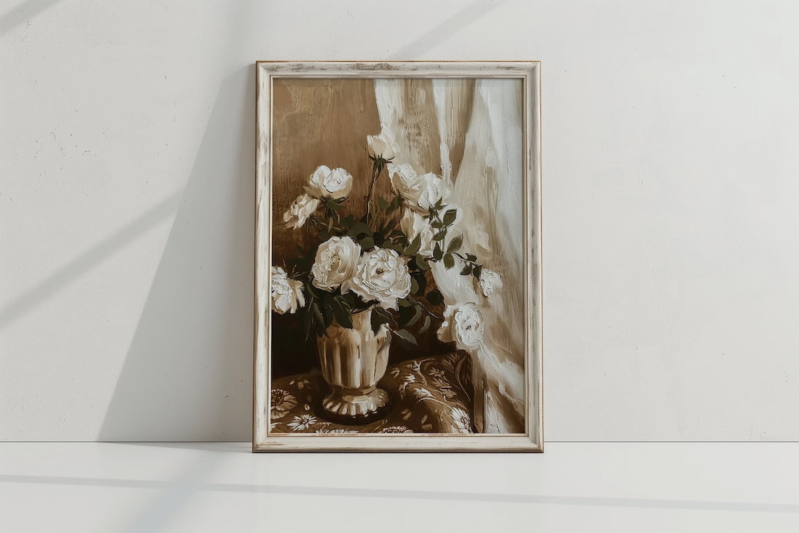 Vintage White Roses Wall Art Print With Rustic French Country Decor ...