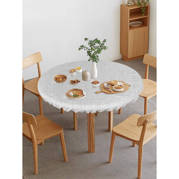 Vintage White Round Fitted Tablecloth with Elastic Edge, Linen Texture Farmhouse Waterproof Stretch Table Covers for 55"-60" Tables Wipeable Table Cloth for Outdoor