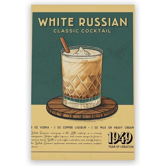 Vintage White Russian Cocktail Recipe Canvas Wall Art Print for Bar Cart or Kitchen Decor, 8 x 12 Inch, Unframed
