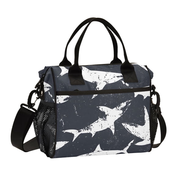 Vintage White Shark Lunch Bag Insulated Lunch Box Leakproof Reusable Cooler Tote Adjustable Shoulder Strap for Men Women 12L