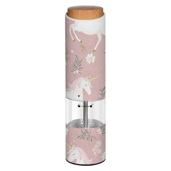 Vintage White Unicorn Pattern Printed Electric Pepper Mill One-Touch Battery Operated Salt Grinder Adjustable Coarseness Decorative Counter Spice Tool