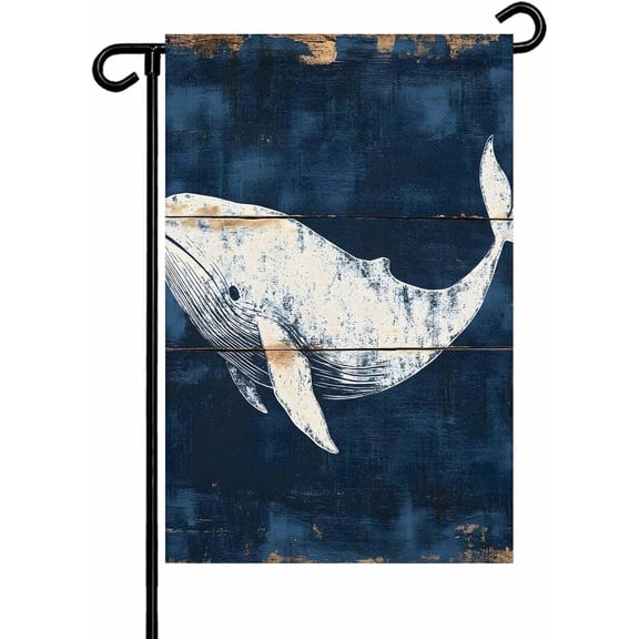 Vintage White Whale on Navy Blue Garden Flags 12x18 Inch Double Sided Welcome Yard Flags for Outdoor Decor Abstract Ocean Animal Yard Outside Seasonal Decoration