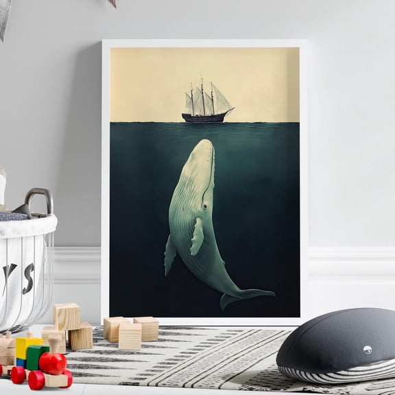 Vintage White Whale Ship Ocean Sailing Humpback Underwater Minimalist Decor, Unframed Poster