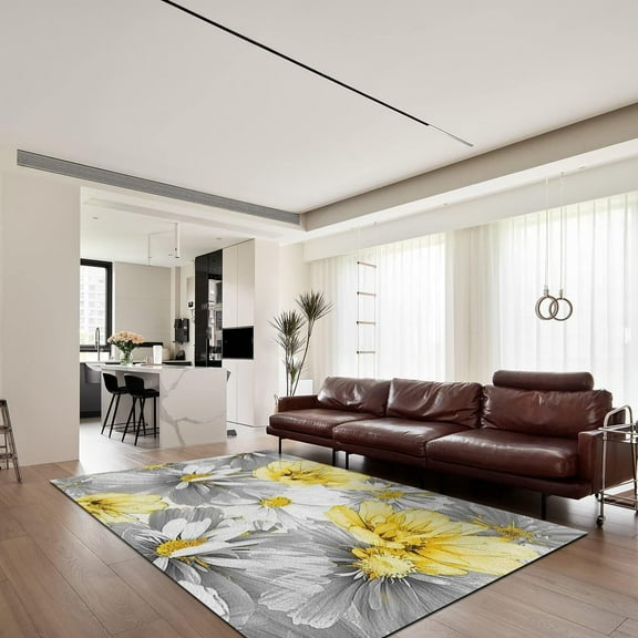Vintage White And Yellow Flowers Area Rugs, Light Luxury Grey Floral Print Soft Washable Carpet, Non Slip Noise Reduction Rugs For Kids Bedroom Living Room Office Family