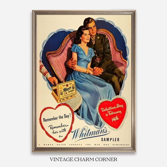 Vintage Whitman'S Sampler Chocolate Ad Print, Romantic Military Couple, Valentine'S Day Gift, Retro Lovers Nostalgia Antique Art #3699, Unframed Poster Size 12x18