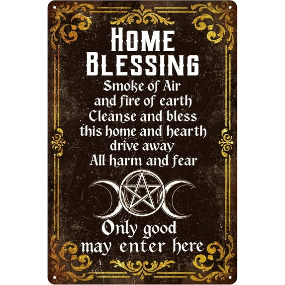 Vintage Wiccan Home Blessing Metal Tin Sign 8x12in "Home Blessing" Vintage Painting Tin Signs Wall Poster Plaque for Living Room Meditation Room Entryway Sacred Area Peaceful Corner