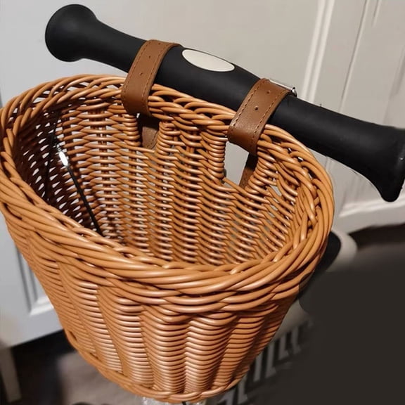Vintage Wicker Bike Front Basket With Faux Leather Straps Decorative Bicycle Storage Accessory(Brown-S-18X14X14cm)