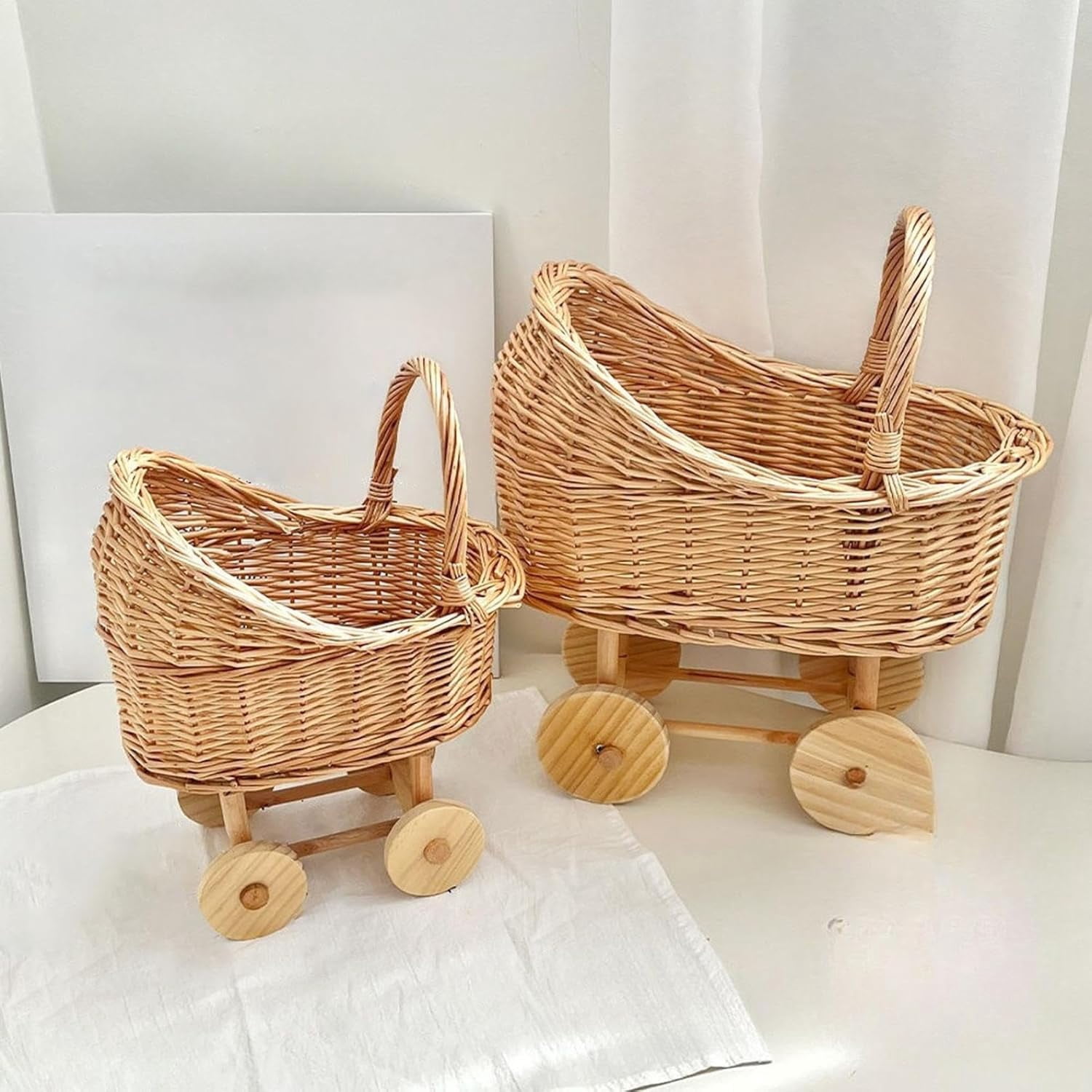 Vintage Wicker Carriage Basket with Handle, 10&14'' Rustic Rattan ...