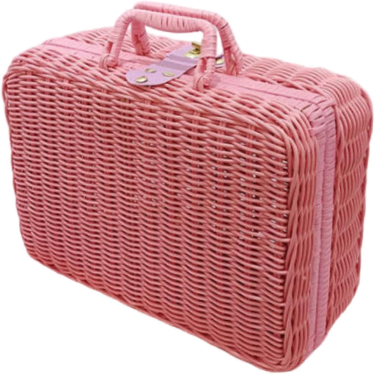 Vintage Wicker Picnic Basket with Handle, Decorative Handwoven Storage Basket with Handle, Aesthetic Easter Gift Box & Picnic Hamper, Retro Photography Prop for Professional Home Decor(Pink)