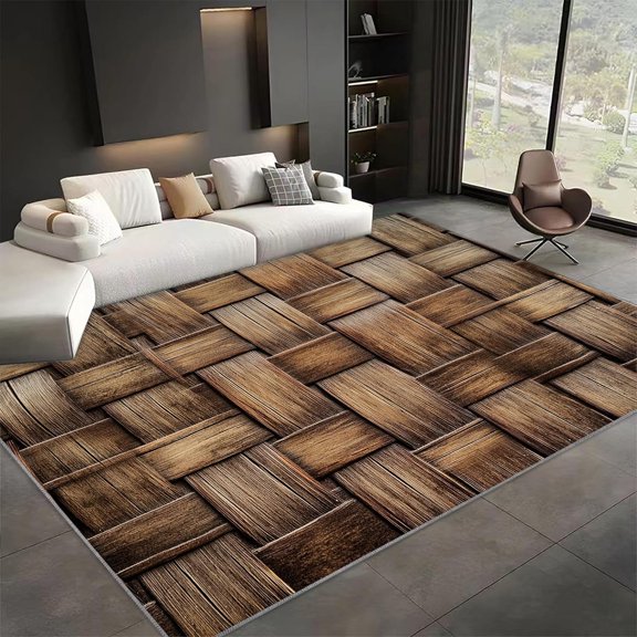 Vintage Wicker Woven Texture Area Rugs, Non-Shedding Stain-Resistant Carpet, Washable Non Slip Low Pile Soft Rug for Living Room Bedroom Dining Room Office Decor Mat 3x5ft