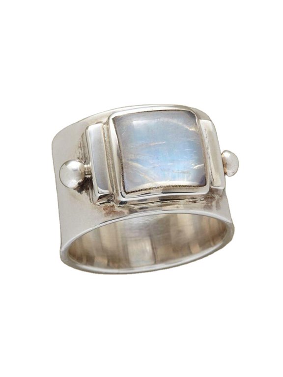 Vintage Wide Band Square Simulated Moonstone Ring for Women, Silver Plated Retro Statement Fashion Costume Ring 10