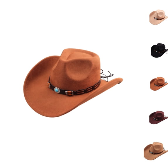 Vintage Wide Brim Felt Cowboy Hat with Decorative Hat Band, Classic Western Style Fedora Cowgirl Hat, Lightweight Outdoor Travel Party Costume Hat for Men Women Brown