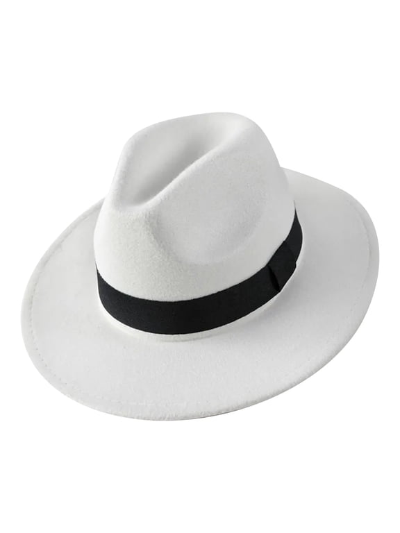 Vintage Wide Brim Felt Fedora Hat For Men Women White Formal Dress Hat With Black Ribbon Decor Lightweight Costume Hat For Holiday Photoshoot Stage Performance