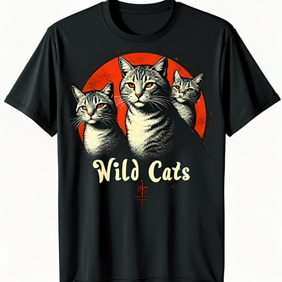 Vintage Wild Cats Graphic Tee Retro Black T-Shirt with Bold Design