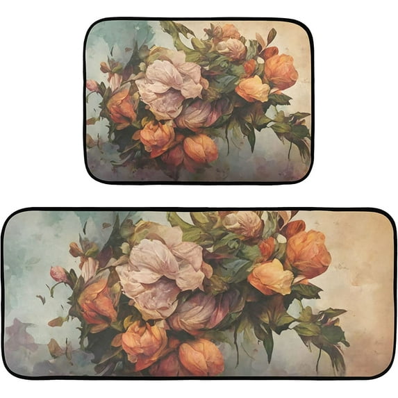 Vintage Wild Flower Kitchen Mat 2 Pcs Set Anti Fatigue Cushioned Waterproof Non Slip Comfort Standing Padded Floor Mats Rugs