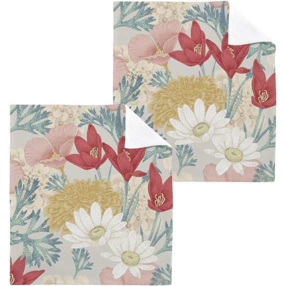 Vintage Wild Flowers Washcloth 12x12in Set, 2 Pack Absorbent Cotton Towel Square Kitchen Dishes Towels, Soft Cleaning Face Hand Towel Fast Drying
