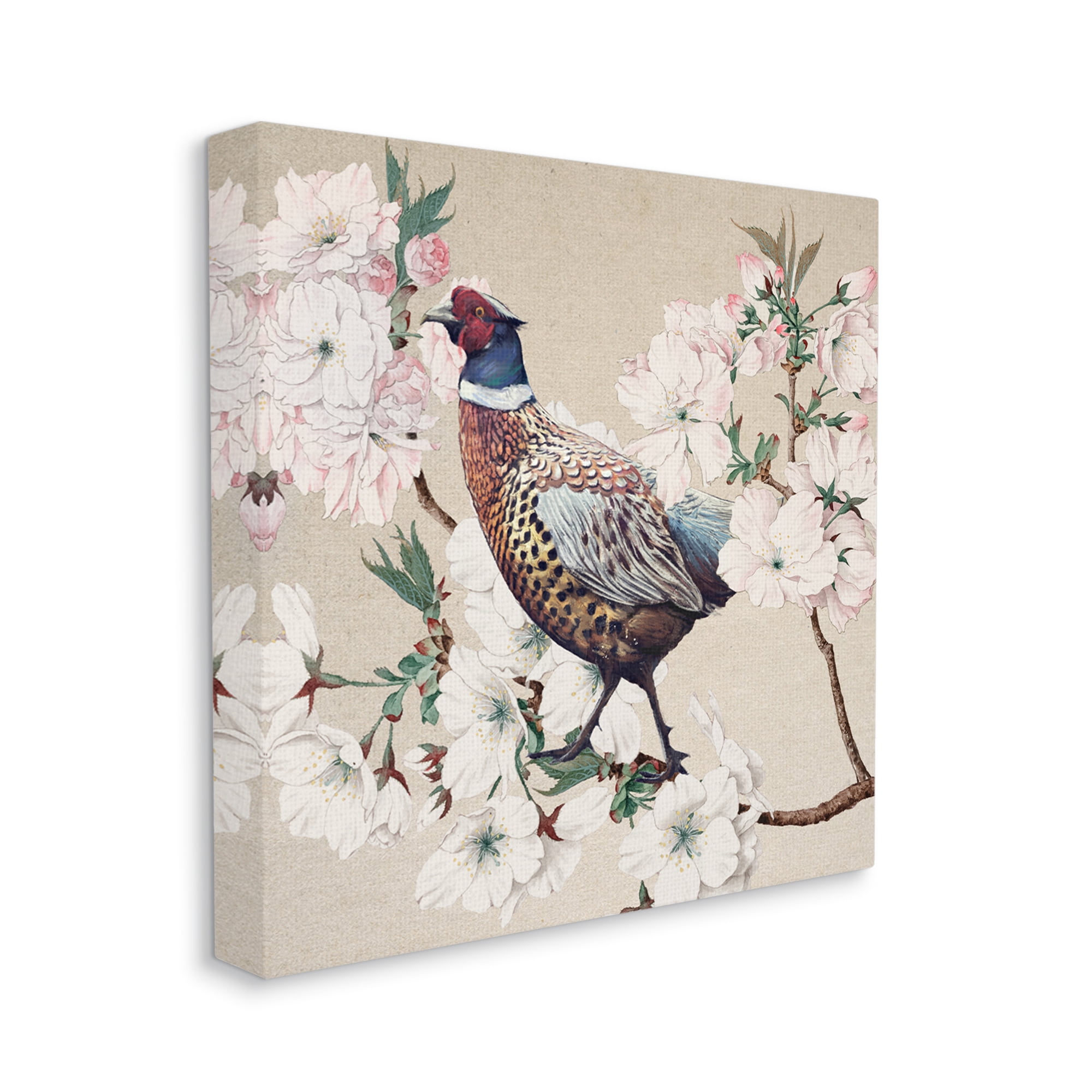 Vintage Wild Turkey on Pink Tree Blossoms Animals & Insects Gallery-Wrapped Canvas Print Wall Art, 17x17