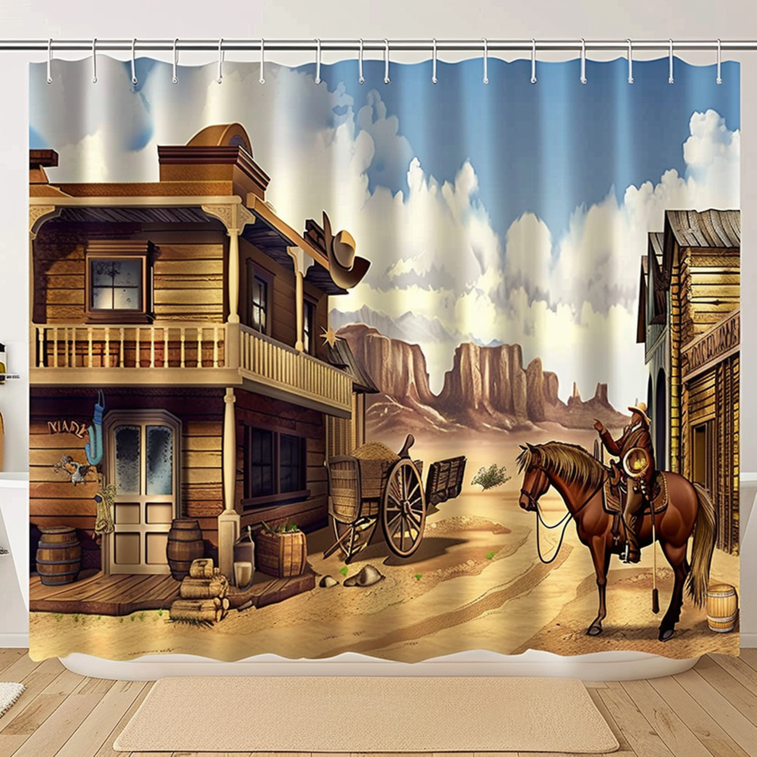 Vintage Wild West Saloon Horse Shower Curtain Set Rustic Old Western