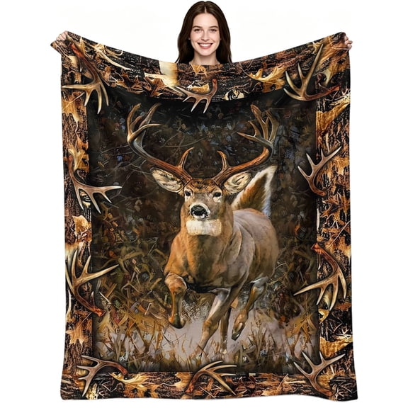 Wild Whitetail Buck Deer Antler Rustic Hunting Themed, Soft Warm Flannel Fleece, Vintage Rustic Nature, Throw Blanket, Cozy Warm, Home Decor, Camping Cabin