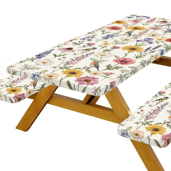 Vintage Wildflower Bird Picnic Table Cover, Floral Tablecloth, 72x30 Inch