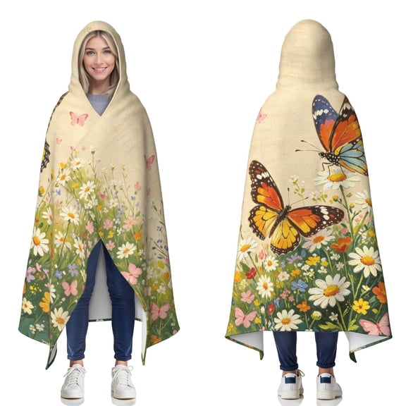 Vintage Wildflower Butterfly Wearable Blanket Hoodies for Women Men Adults Butterfly Lovers Cozy Warm Beautiful Floral Butterflies Hooded Blankets for Home Couch Decor 50x60 Inch