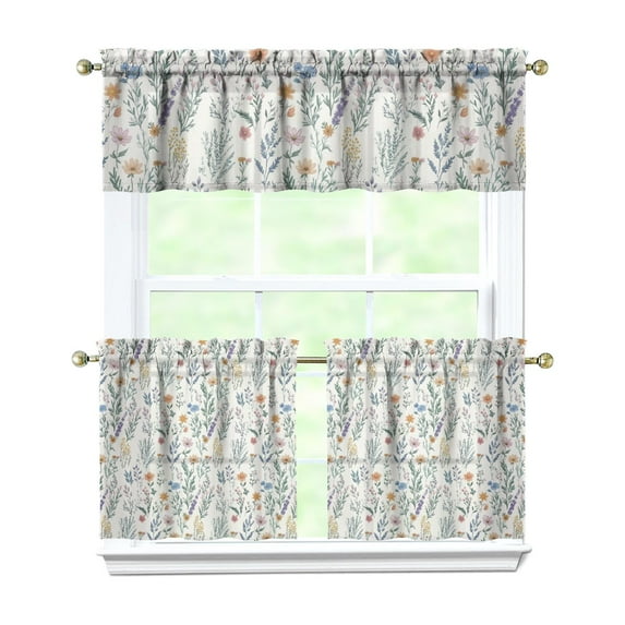 Vintage Wildflower Curtains 24 Inch - 3 Panel Rustic Farmhouse Kitchen Set with Blooming Botanicals, Boho Chic Rod Pocket Design for Country Cottage
