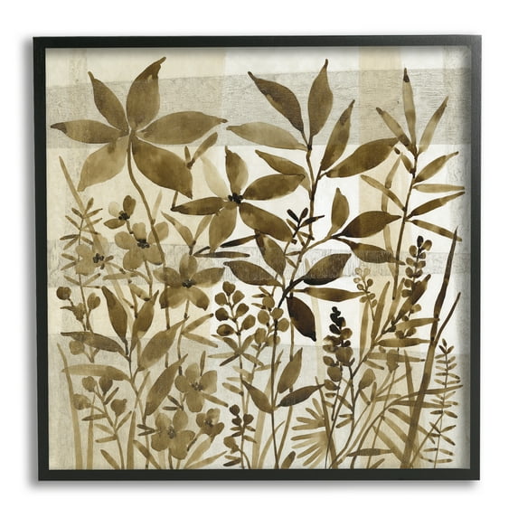 Vintage Wildflower Field Abstraction Brown Tan Plaid Botanical & Floral Framed Art Print Wall Art, 17x17