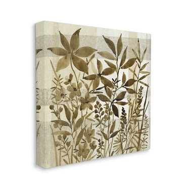 Vintage Wildflower Field Abstraction Brown Tan Plaid Botanical & Floral Gallery-Wrapped Canvas Print Wall Art, 17x17