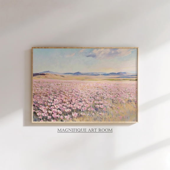 Vintage Wildflower Field Oil Art, Pink Spring Muted Landscape Poster, Countryside Field Landscape Rustic Home Decor S401, Size 16x24 UNFFRAMED F03.1.7l2375