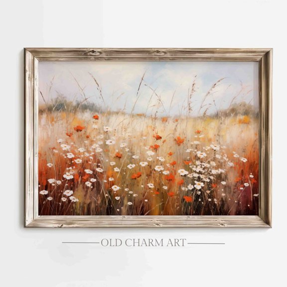 Vintage Wildflower Field Poster, Rustic Landscape Wall Art, Farmhouse Decor, Cottagecore Fall Poster, Artwork Wa43, Unframed Poster Size 8x12