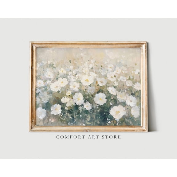 Vintage Wildflower Field Print Easter Decor Spring White Flower Wall Art Vintage Printable Spring Landscape Botanical Farmhouse Oil Painting, F338, Unframed Canvas Size 24x36