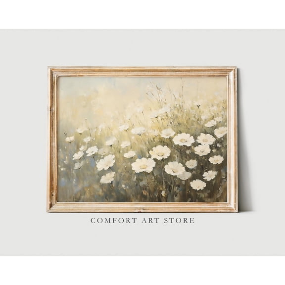 Vintage Wildflower Field Print Easter Decor Spring White Flower Wall Art Vintage Printable Spring Landscape Botanical Farmhouse Oil Painting, F347, Unframed Canvas Size 24x36