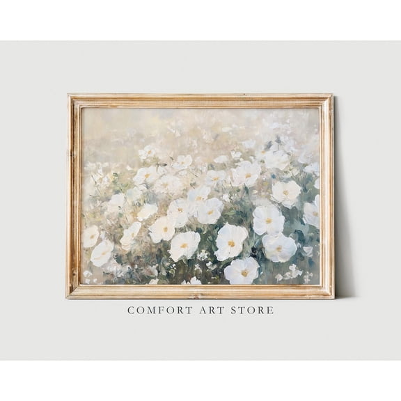 Vintage Wildflower Field Print Easter Decor Spring White Flower Wall Art Vintage Printable Spring Landscape Botanical Farmhouse Oil Painting, F372, Unframed Canvas Size 8x12