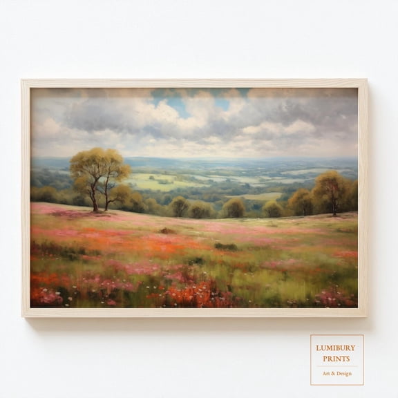 Vintage Wildflower Field Print, Spring Hill Landscape, Flower Meadow Print, Country Path Wall Art, Botanical Nature Decor, Home Decor #2269, Stretched Canvas Size 16x24