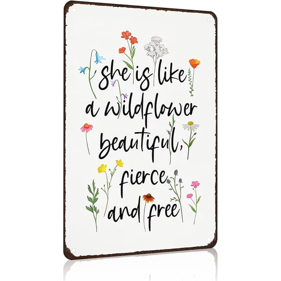 Vintage Wildflower Inspired Rustic Tin Sign, She Is Like A Wildflower Beautiful Fierce and Free, Wall Decor for Home Bedroom Office She Shed, 8 x 12 Inch
