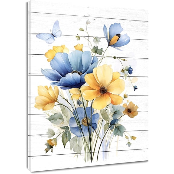 Vintage Wildflower Wall Art Blue and Yellow Flower and Leaves butterfly Abstract Painting Watercolor Plant Wall Art for Bathroom Living Room Bedroom Kitchen Decor Ready to Hang, 16Lx12W Inches