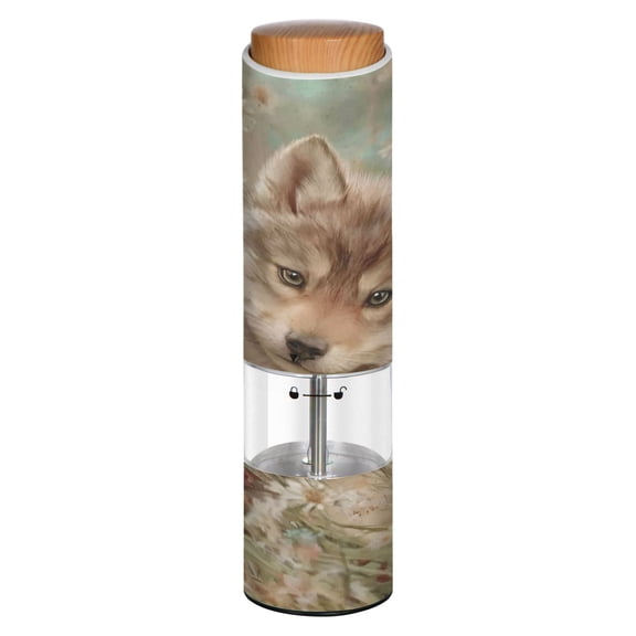 Vintage Wildflower Wolf Pup Printed Electric Pepper Mill One-Touch Battery Operated Salt Grinder Adjustable Coarseness Decorative Counter Spice Tool
