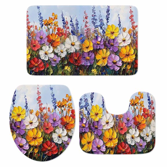 Vintage Wildflowers Bath Mat 3 Piece Bathroom Rug Set, Rustic Oil Painted Abstract Botanical Non Slip Bath Rug Contour Mat and Toilet Lid Cover, Absorbent Shower Mats Soft Bath Rugs and Mats Sets