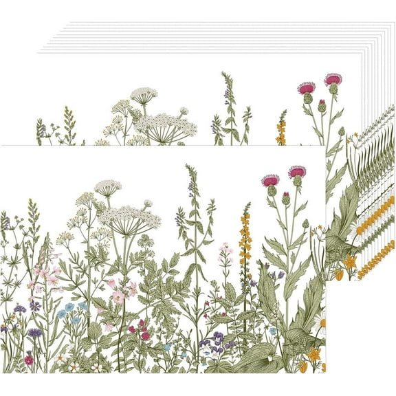 Vintage Wildflowers Floral Paper Placemats Disposable 50 Pack 16x 11 Inch Seasonal Wildflower Place Mats for Spring Summer Bridal Shower Wedding Birthday Party Supplies