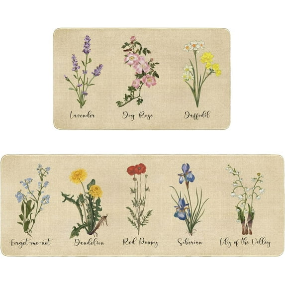 Vintage Wildflowers Kitchen Mat Set of 2,Floral Farmhouse Kitchen Rugs and Mats Non Skid Washable,Rustic Plant Kitchen Runner Rugs with Rubber Backing (Lavender 17"x48"+17"x30")