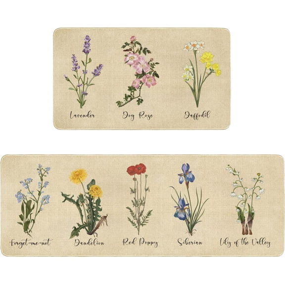 Vintage Wildflowers Kitchen Mat Set of 2,Floral Farmhouse Kitchen Rugs and Mats Non Skid Washable,Rustic Plant Kitchen Runner Rugs with Rubber Backing (Lavender 17"x48"+17"x30")