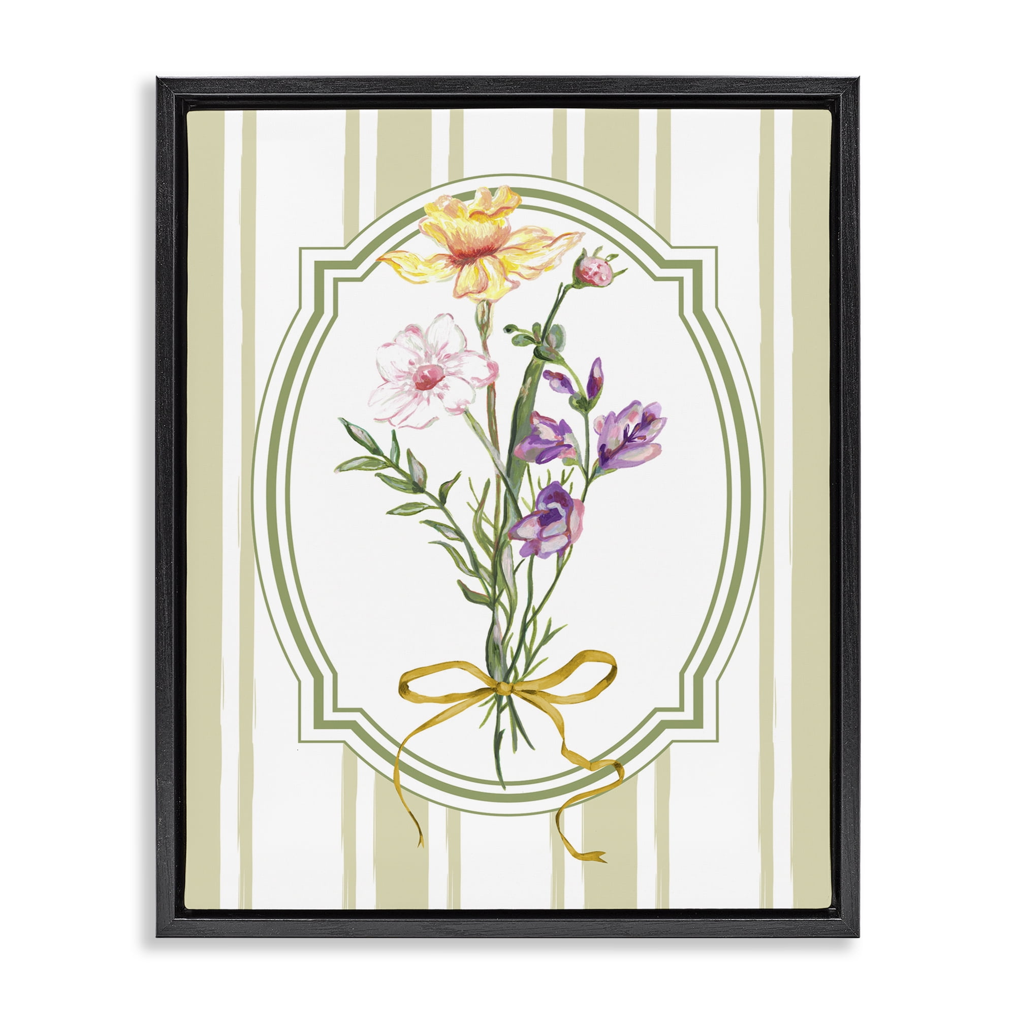 Vintage Wildflowers with Ribbon Black Framed Floater Canvas Wall Art, design by Adonna Ebrahimi