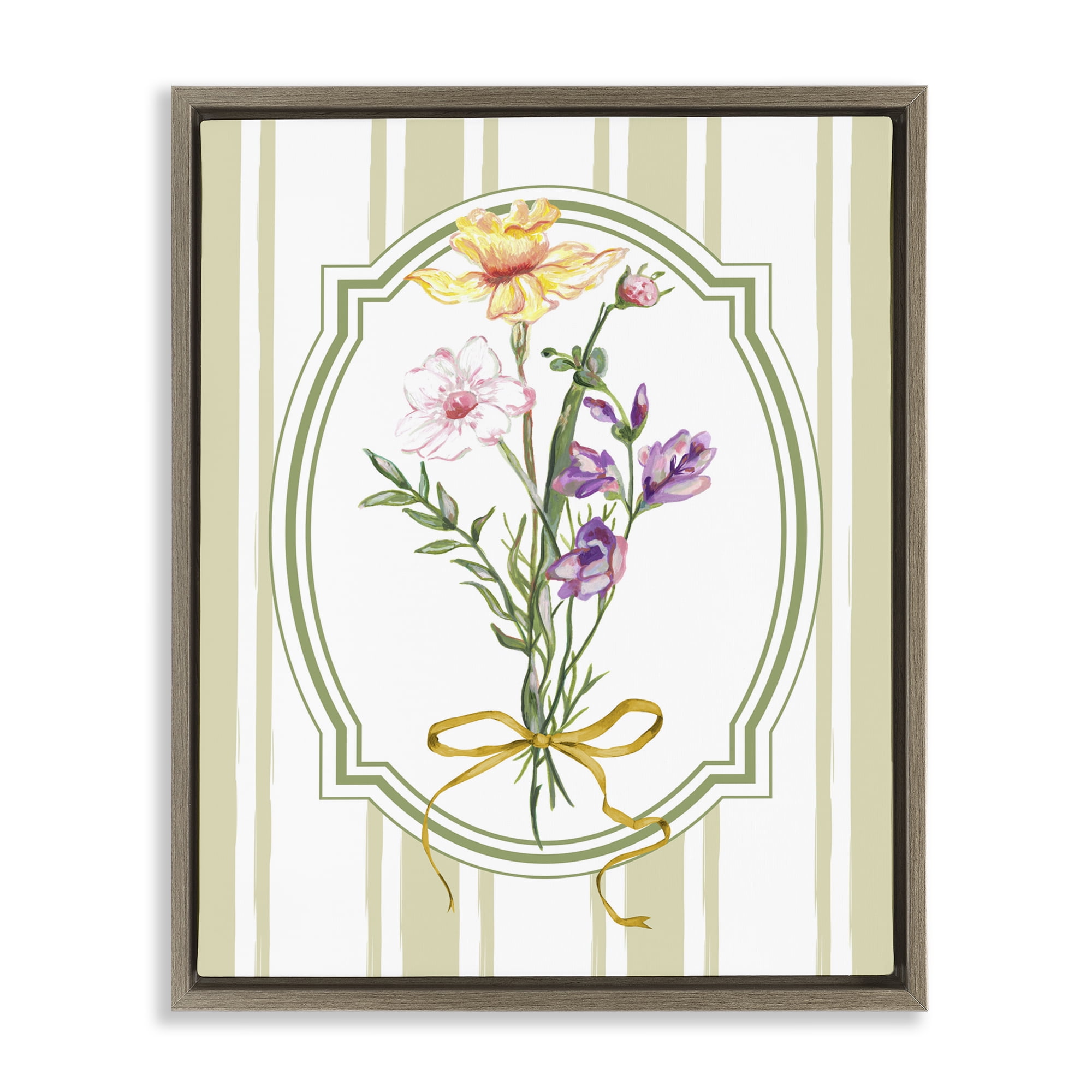Vintage Wildflowers with Ribbon Brown Framed Floater Canvas Wall Art, design by Adonna Ebrahimi